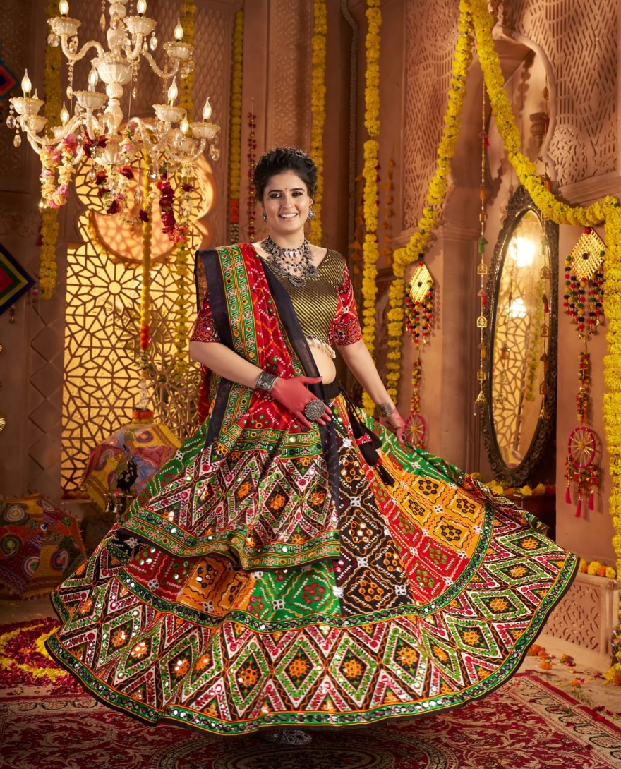 11034 - Designer Multicolor Chaniya Choli for Navratri with Aari Foil Work