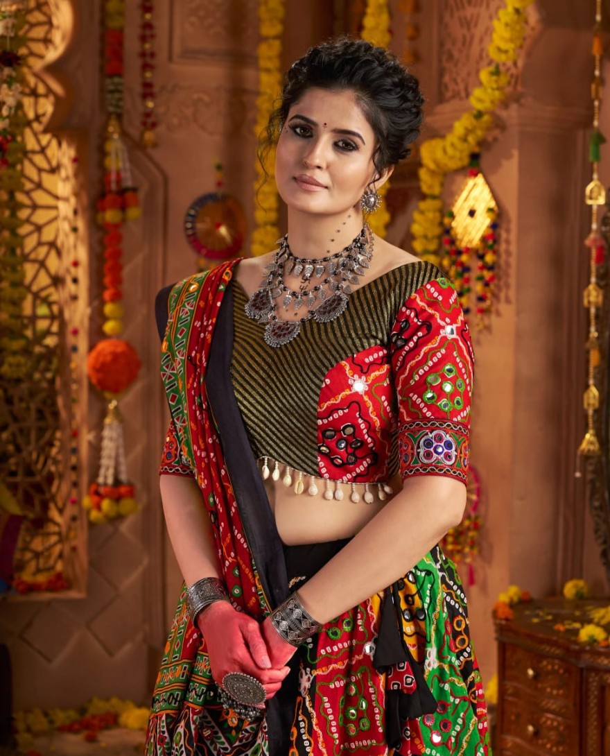 11034 - Designer Multicolor Chaniya Choli for Navratri with Aari Foil Work