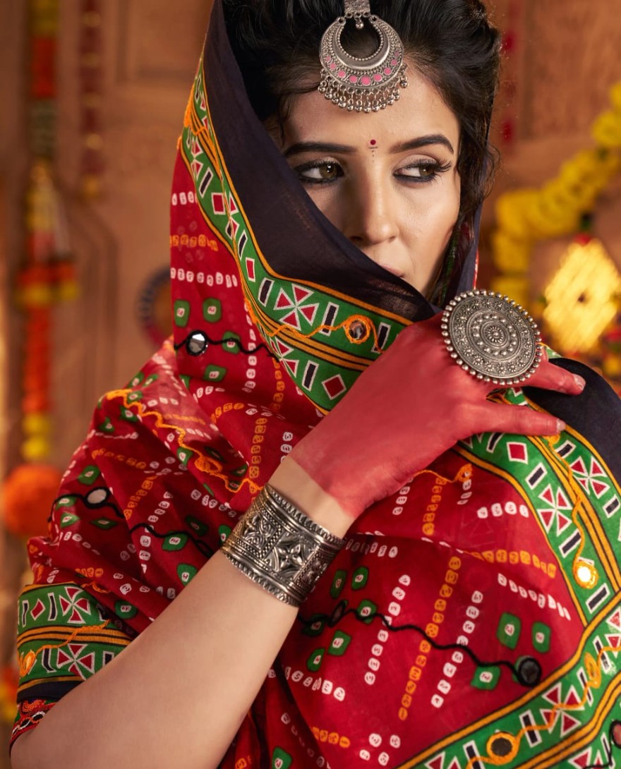 11034 - Designer Multicolor Chaniya Choli for Navratri with Aari Foil Work