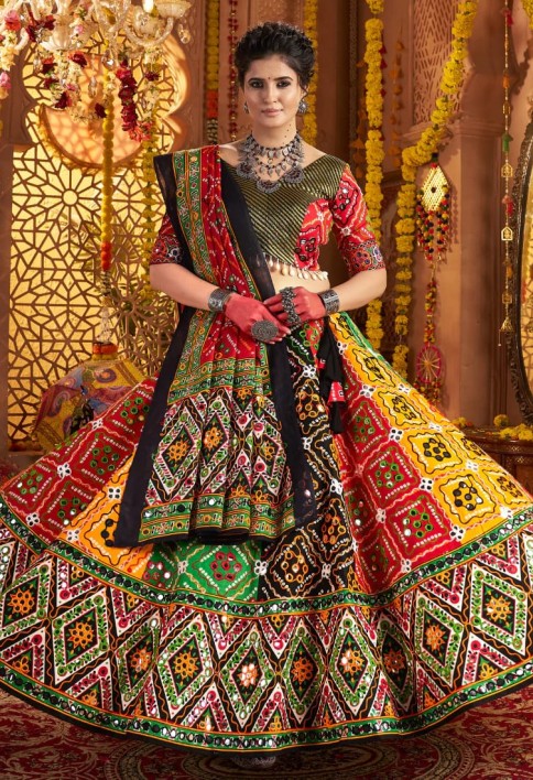 Designer Multicolor Chaniya Choli for Navratri with Aari Foil Work