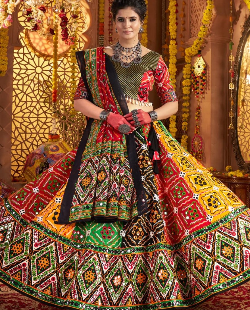 11034 - Designer Multicolor Chaniya Choli for Navratri with Aari Foil Work