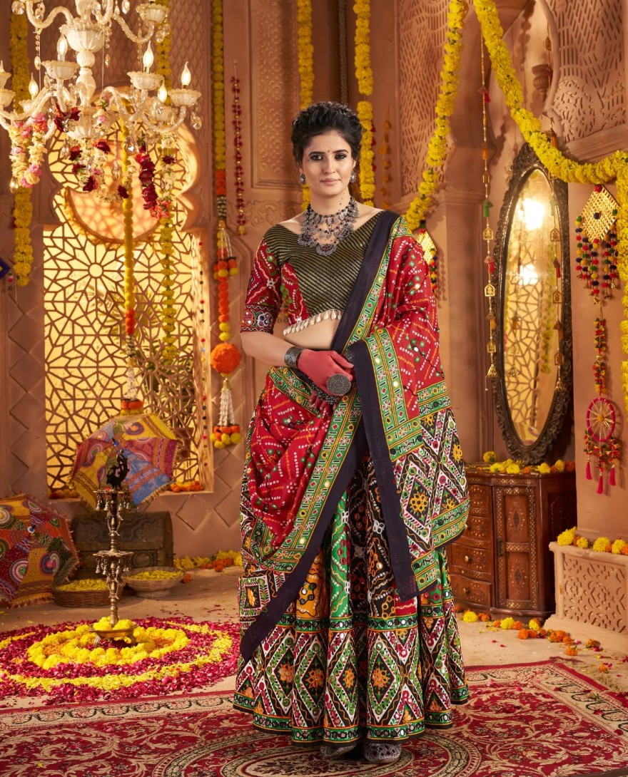 11034 - Designer Multicolor Chaniya Choli for Navratri with Aari Foil Work