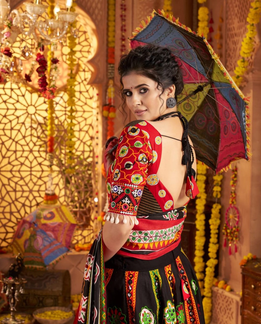 11032 - Black Navratri Chaniya Choli with Vibrant Kutchi Embroidery