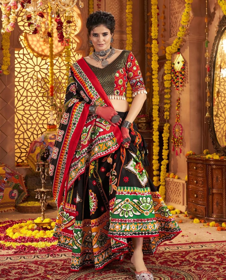11032 - Black Navratri Chaniya Choli with Vibrant Kutchi Embroidery