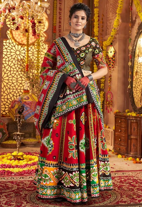 Bold Red Navratri Chaniya Choli with Traditional Kutchi Embroidery – Bindyaa Festive Wear