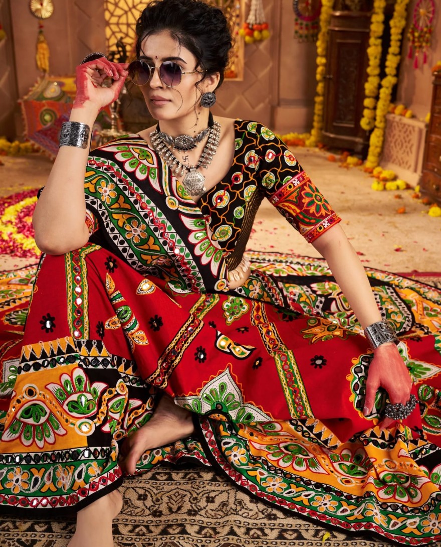 11031 - Bold Red Navratri Chaniya Choli with Traditional Kutchi Embroidery – Bindyaa Festive Wear