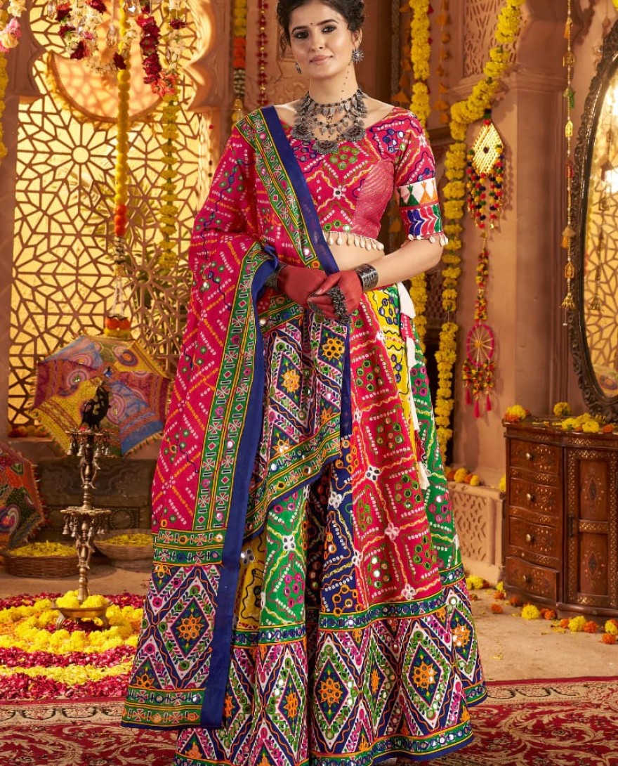 11033 - Multicolor Traditional Navratri Chaniya Choli in Organic Cotton