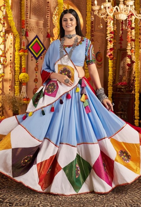 Garba Elegance in Light Blue Patchwork Splendor