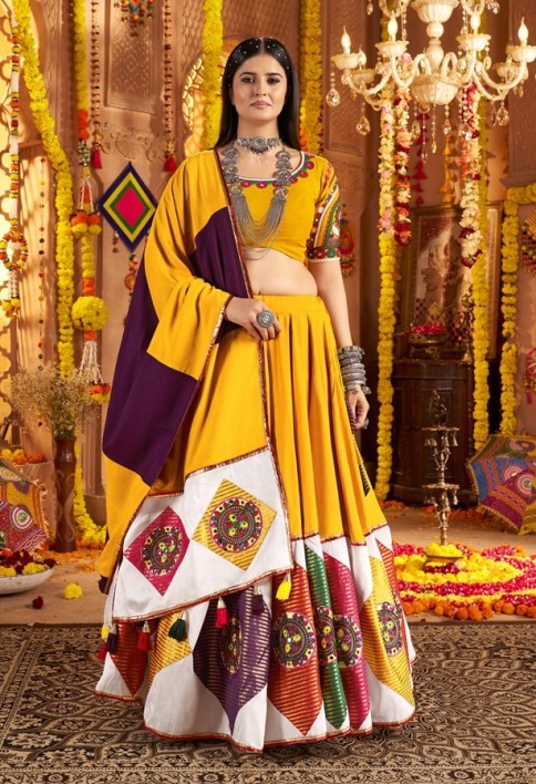 Garba Elegance in Mustard Yellow Patchwork Splendor