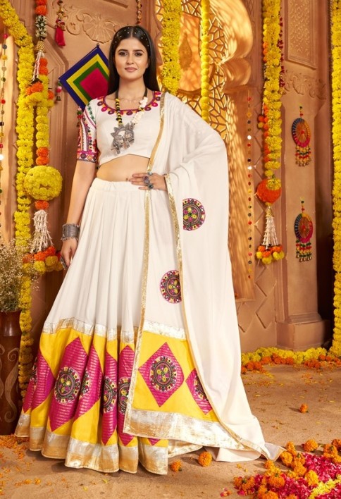 Garba Elegance in white Patchwork Splendor