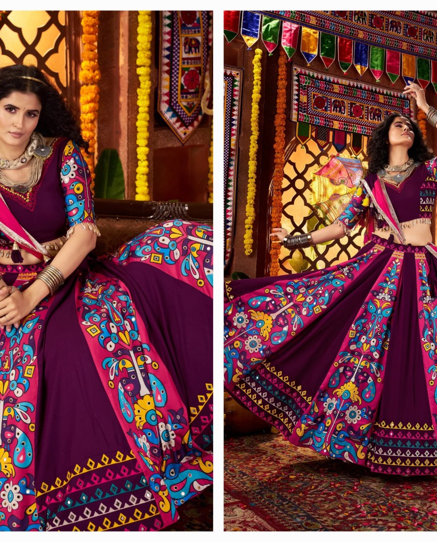 11061 - Purple Navratri Chaniya Choli with Multi-Thread & Mirror Work