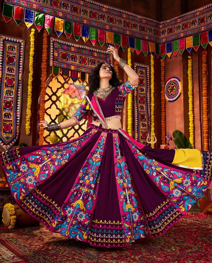 11061 - Purple Navratri Chaniya Choli with Multi-Thread & Mirror Work