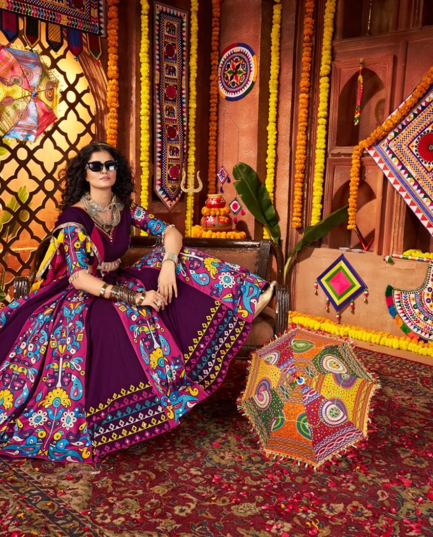 11061 - Purple Navratri Chaniya Choli with Multi-Thread & Mirror Work