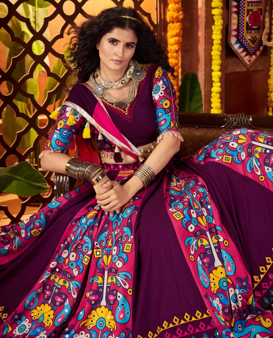 11061 - Purple Navratri Chaniya Choli with Multi-Thread & Mirror Work