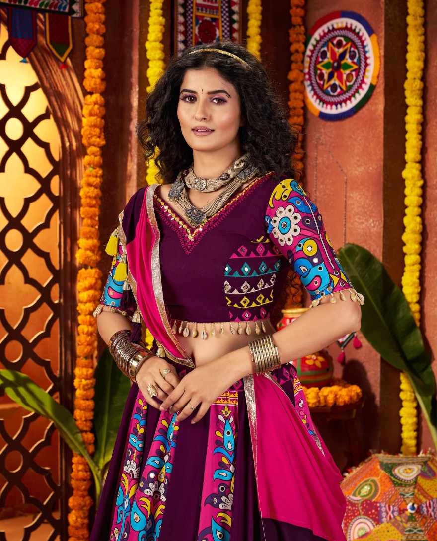 11061 - Purple Navratri Chaniya Choli with Multi-Thread & Mirror Work