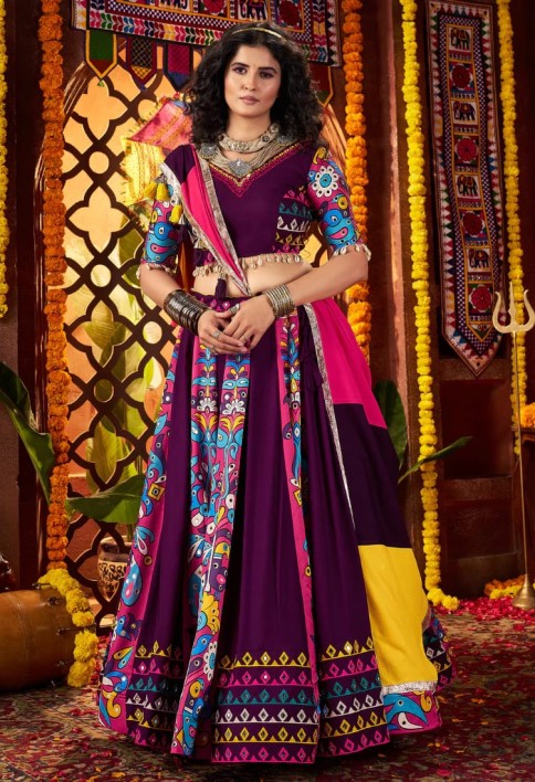 Purple Navratri Chaniya Choli with Multi-Thread & Mirror Work