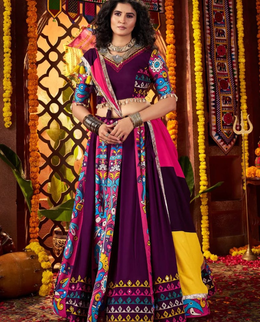 11061 - Purple Navratri Chaniya Choli with Multi-Thread & Mirror Work