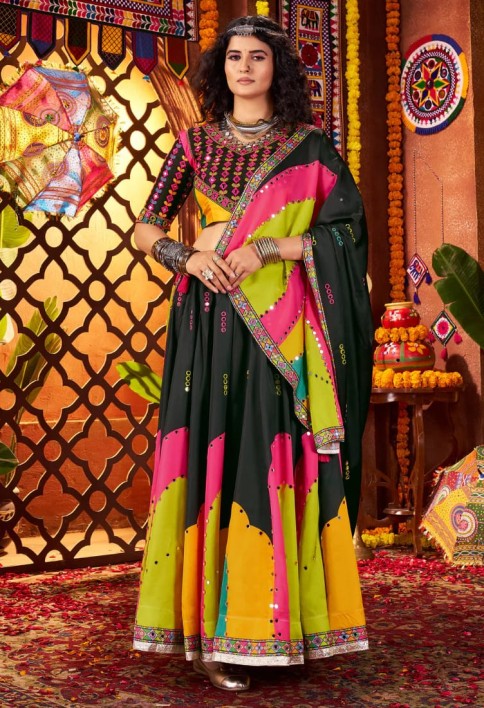 Black Gajji Silk Navratri Chaniya Choli with Mirror & Thread Work