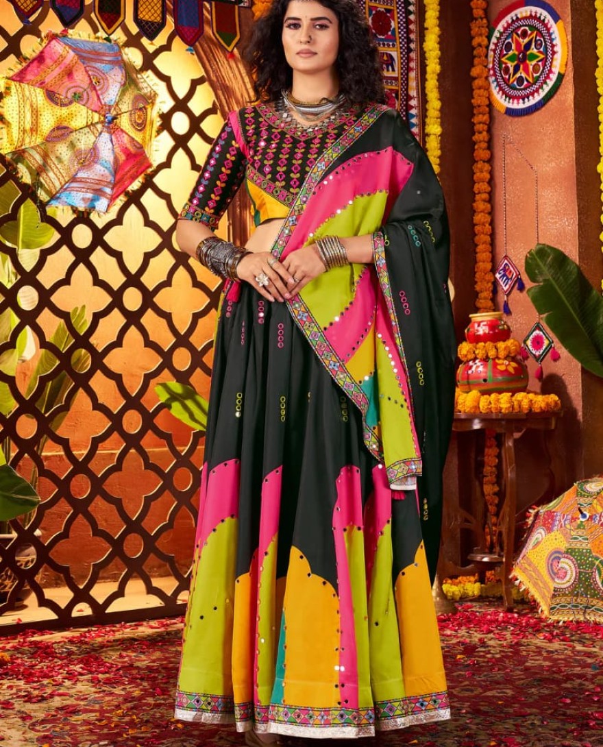 11062 - Black Gajji Silk Navratri Chaniya Choli with Mirror & Thread Work