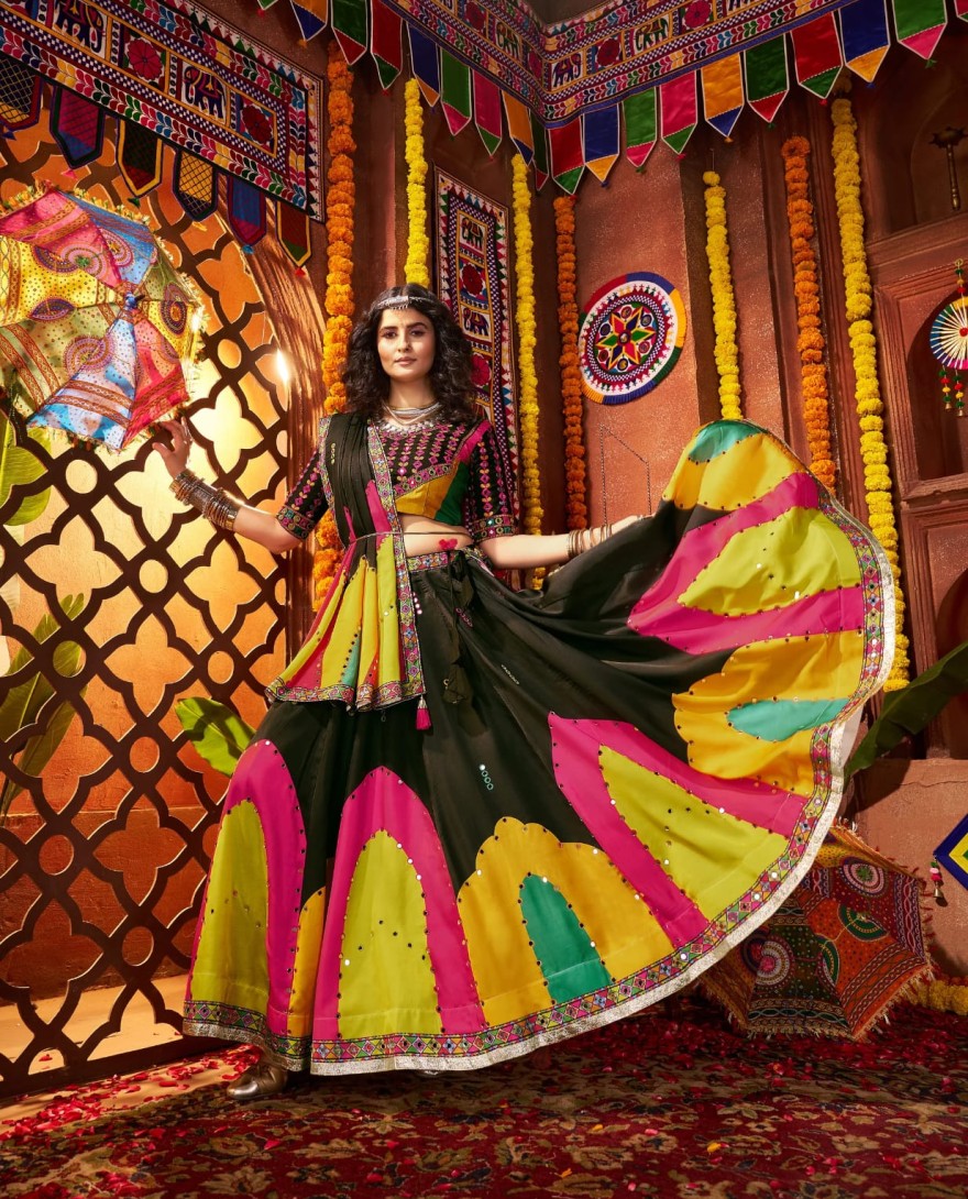 11062 - Black Gajji Silk Navratri Chaniya Choli with Mirror & Thread Work