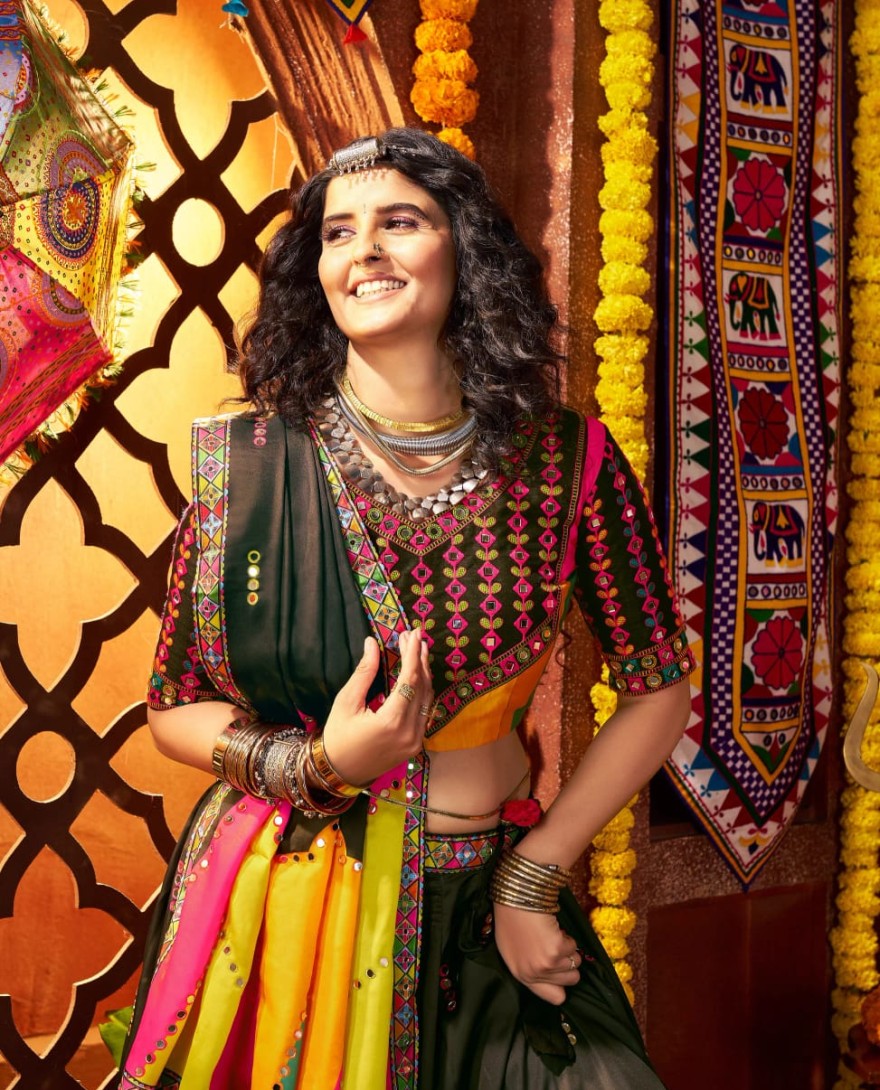 11062 - Black Gajji Silk Navratri Chaniya Choli with Mirror & Thread Work