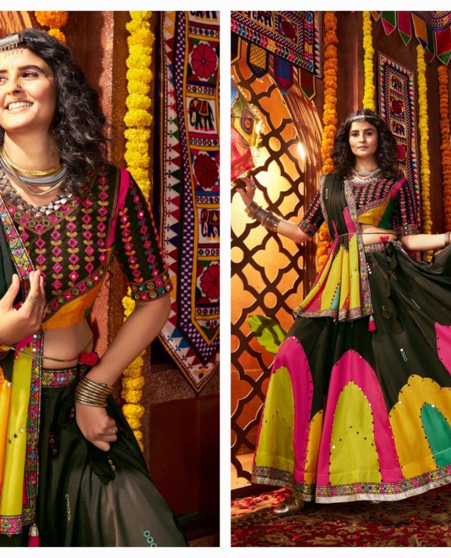 11062 - Black Gajji Silk Navratri Chaniya Choli with Mirror & Thread Work