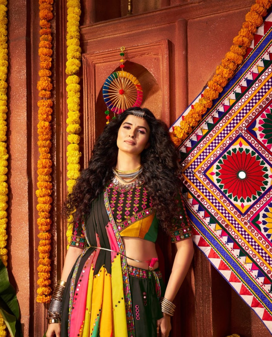 11062 - Black Gajji Silk Navratri Chaniya Choli with Mirror & Thread Work