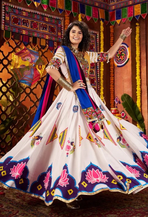 White Navratri Chaniya Choli with Multi Patch Lace & Mirror Work