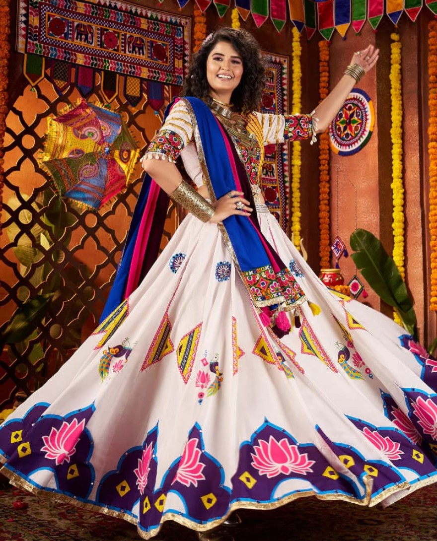 11063 - White Navratri Chaniya Choli with Multi Patch Lace & Mirror Work