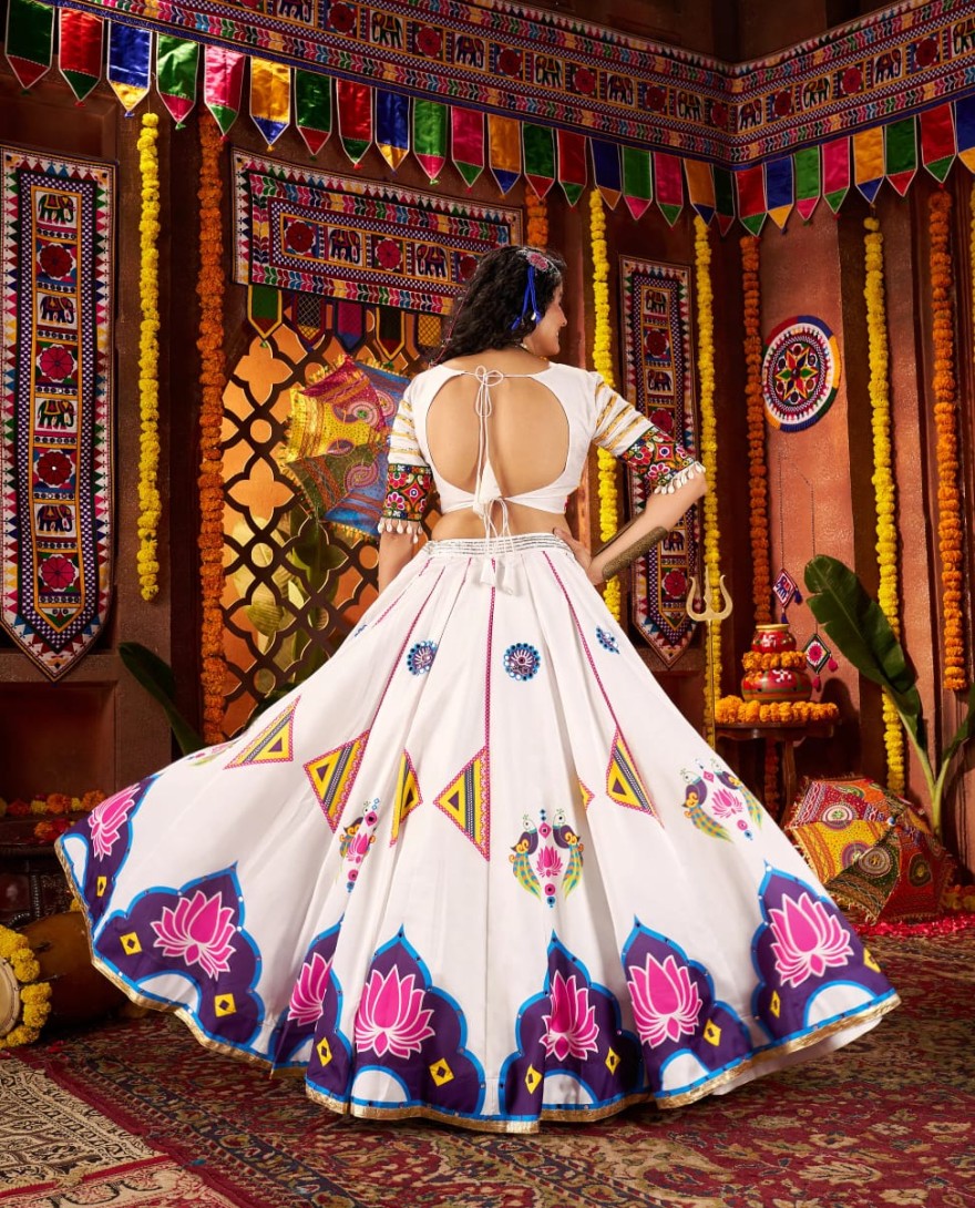 11063 - White Navratri Chaniya Choli with Multi Patch Lace & Mirror Work