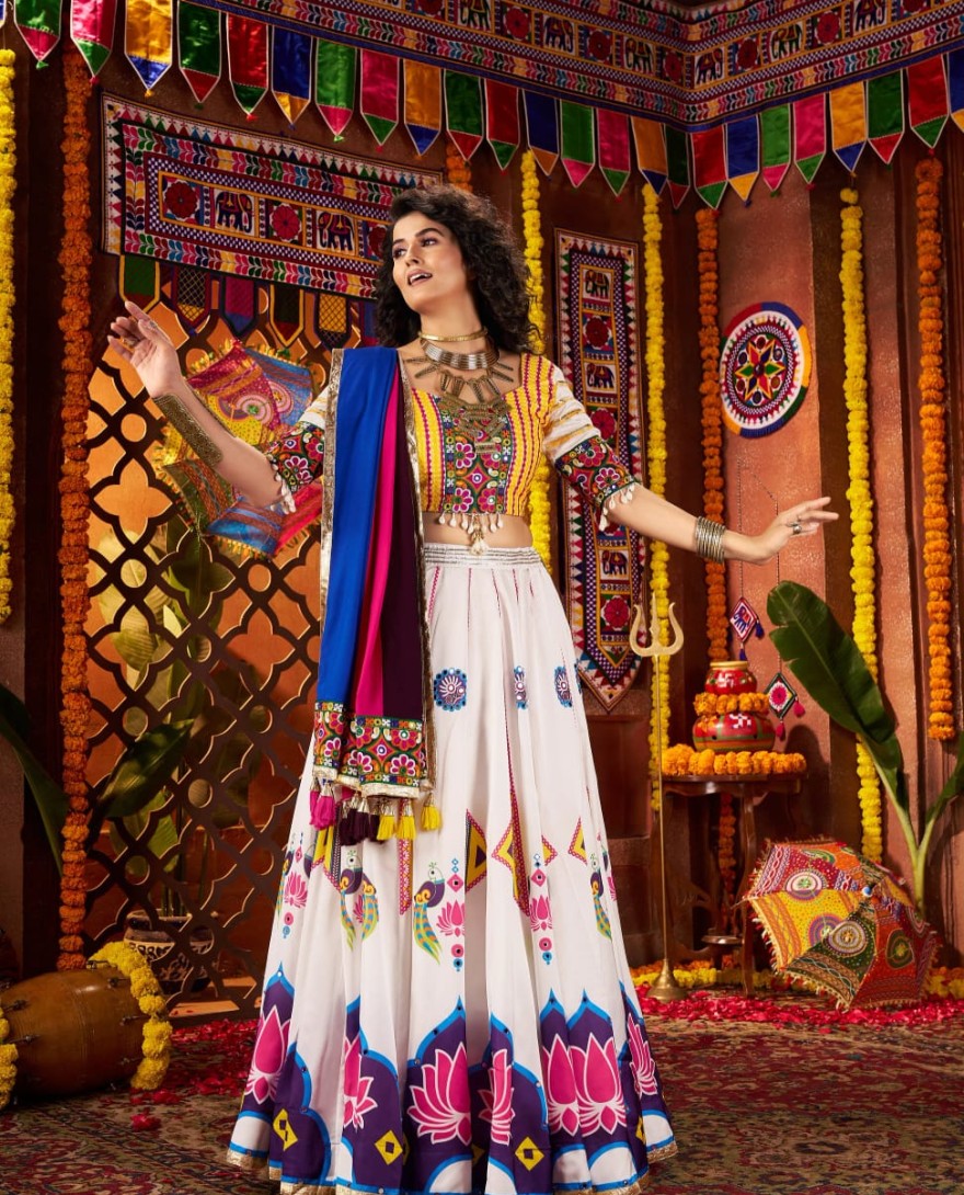 11063 - White Navratri Chaniya Choli with Multi Patch Lace & Mirror Work