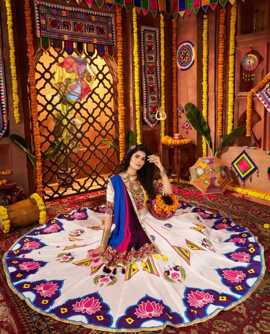 11063 - White Navratri Chaniya Choli with Multi Patch Lace & Mirror Work