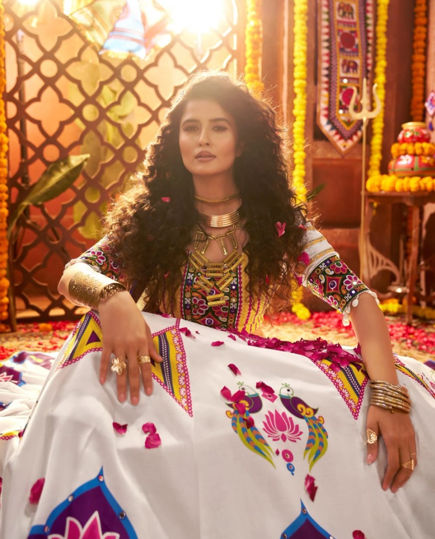 11063 - White Navratri Chaniya Choli with Multi Patch Lace & Mirror Work