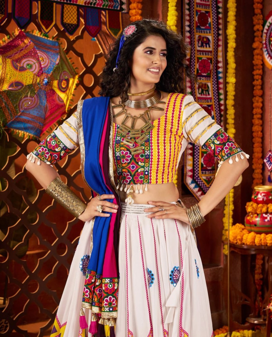 11063 - White Navratri Chaniya Choli with Multi Patch Lace & Mirror Work