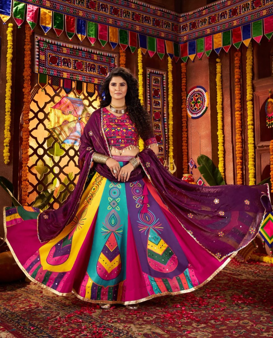11064 - Multicolor Gajji Silk Navratri Chaniya Choli with Mirror & Handwork