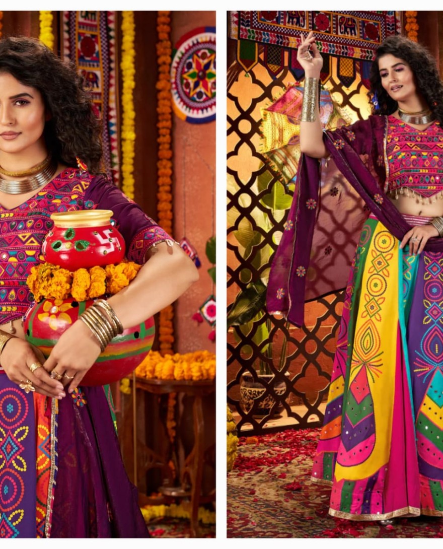 11064 - Multicolor Gajji Silk Navratri Chaniya Choli with Mirror & Handwork