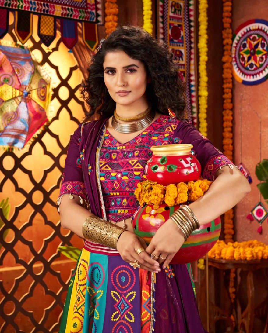 11064 - Multicolor Gajji Silk Navratri Chaniya Choli with Mirror & Handwork