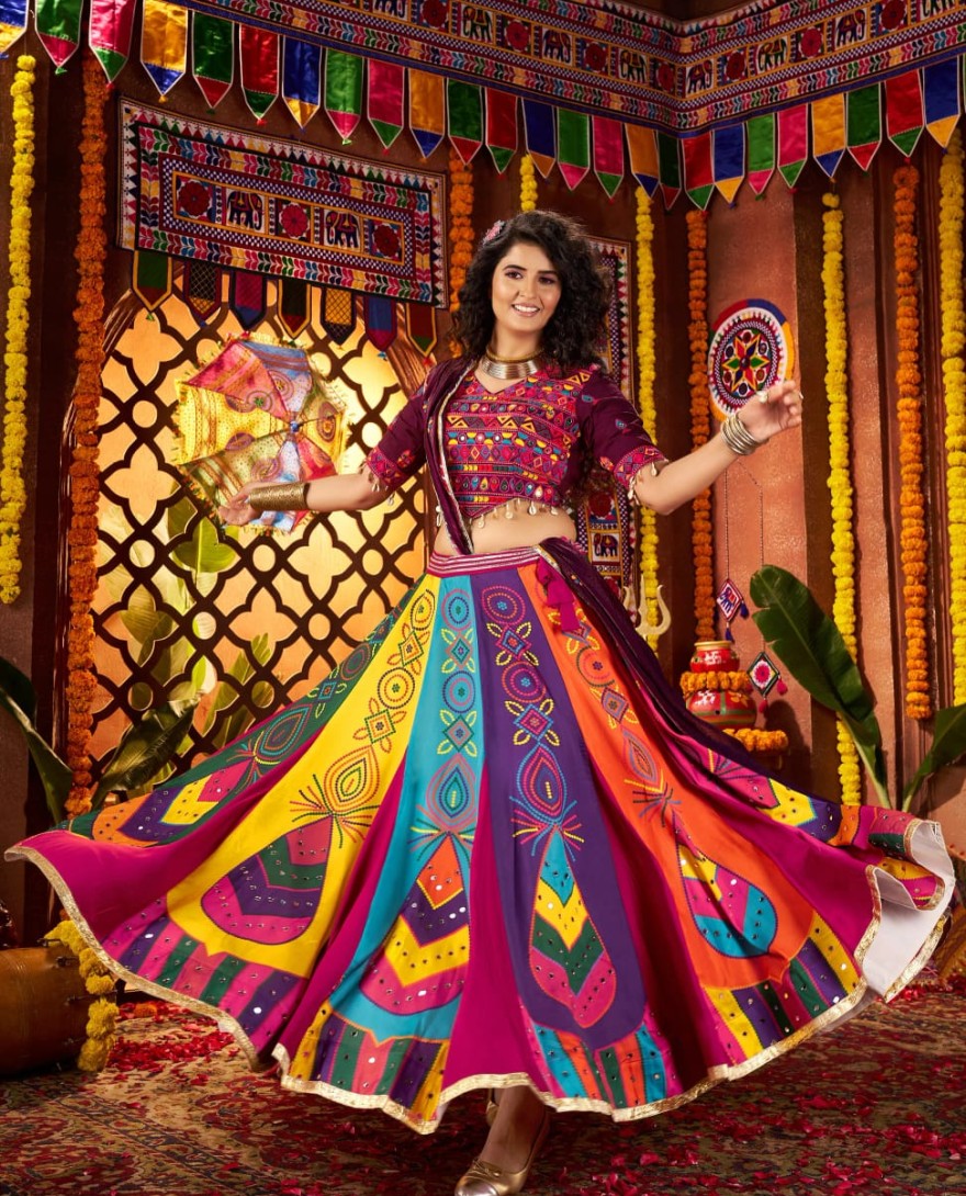 11064 - Multicolor Gajji Silk Navratri Chaniya Choli with Mirror & Handwork