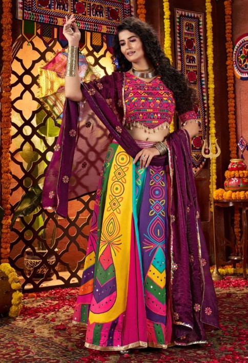 Multicolor Gajji Silk Navratri Chaniya Choli with Mirror & Handwork