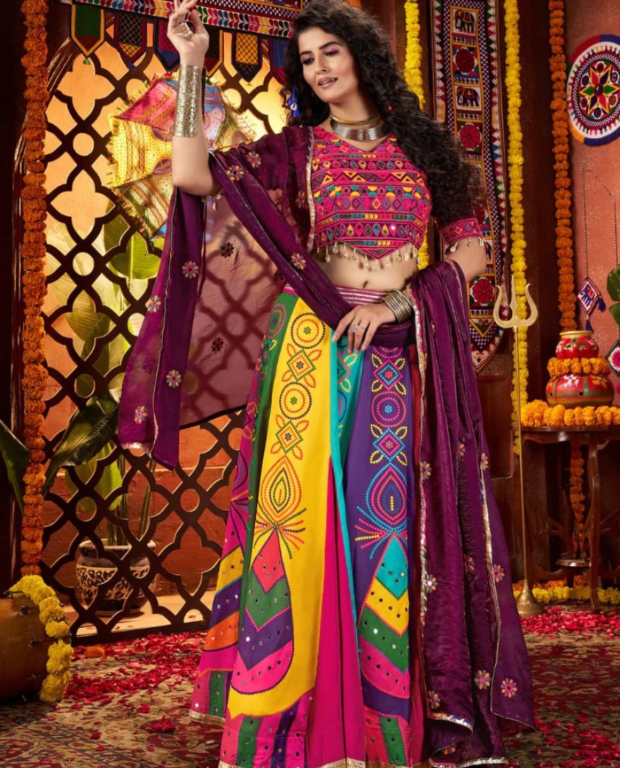 11064 - Multicolor Gajji Silk Navratri Chaniya Choli with Mirror & Handwork