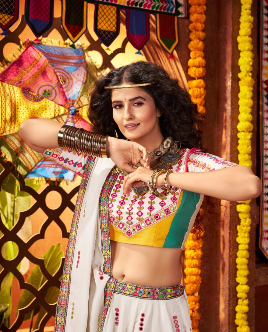 11065 - White Gajji Silk Navratri Chaniya Choli with Mirror Embroidery