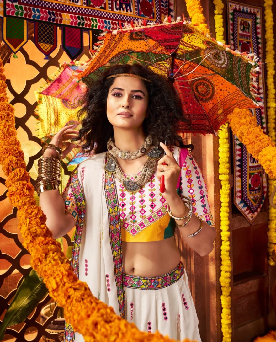 11065 - White Gajji Silk Navratri Chaniya Choli with Mirror Embroidery