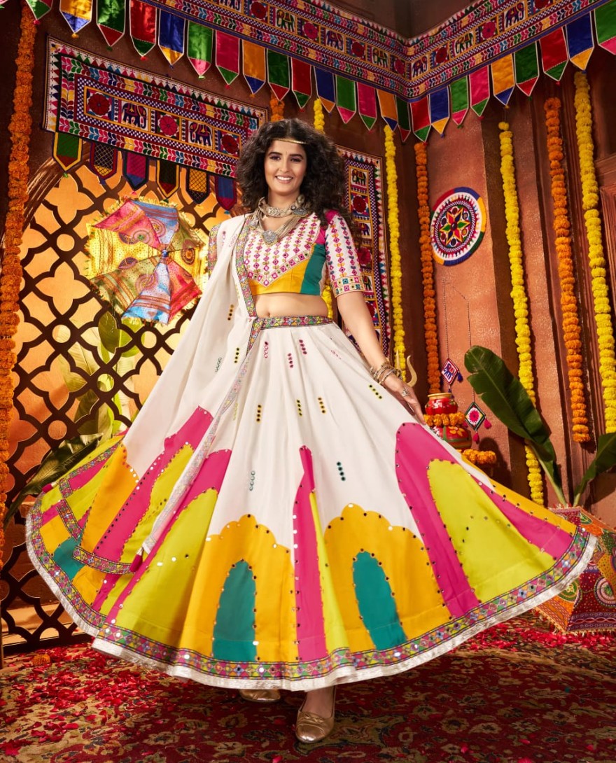 11065 - White Gajji Silk Navratri Chaniya Choli with Mirror Embroidery