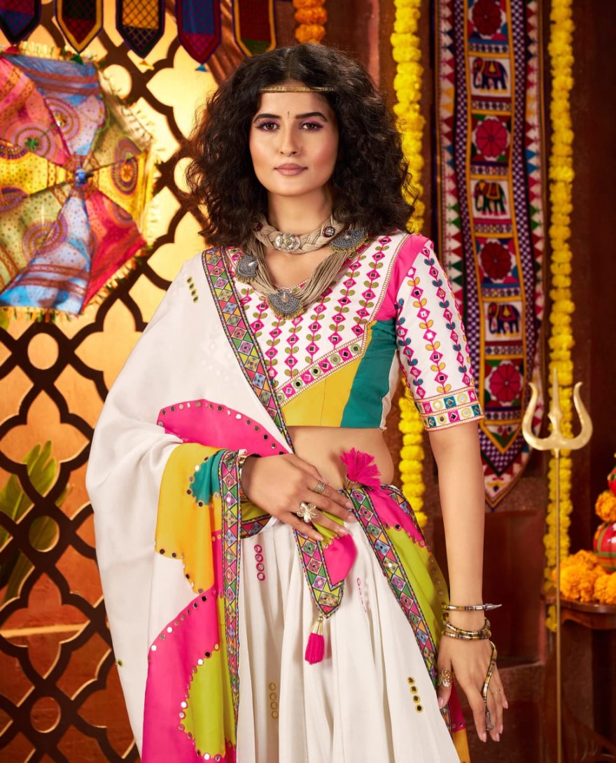 11065 - White Gajji Silk Navratri Chaniya Choli with Mirror Embroidery