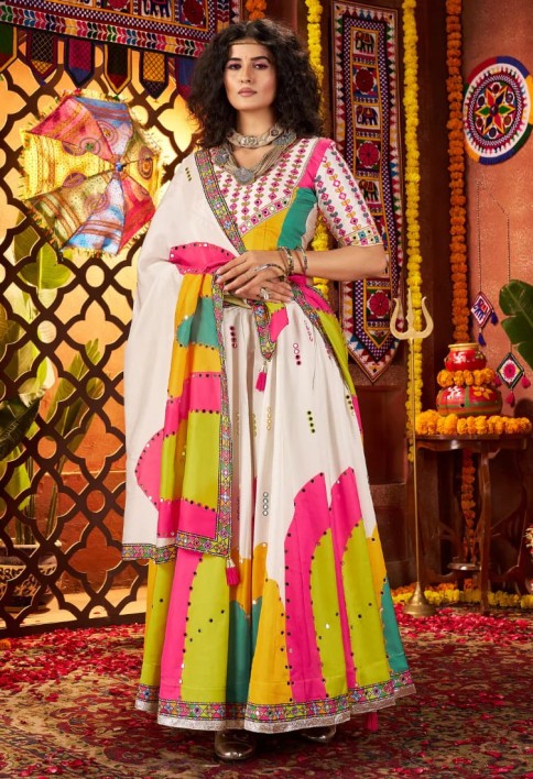 White Gajji Silk Navratri Chaniya Choli with Mirror Embroidery