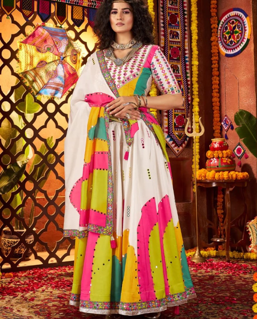 11065 - White Gajji Silk Navratri Chaniya Choli with Mirror Embroidery