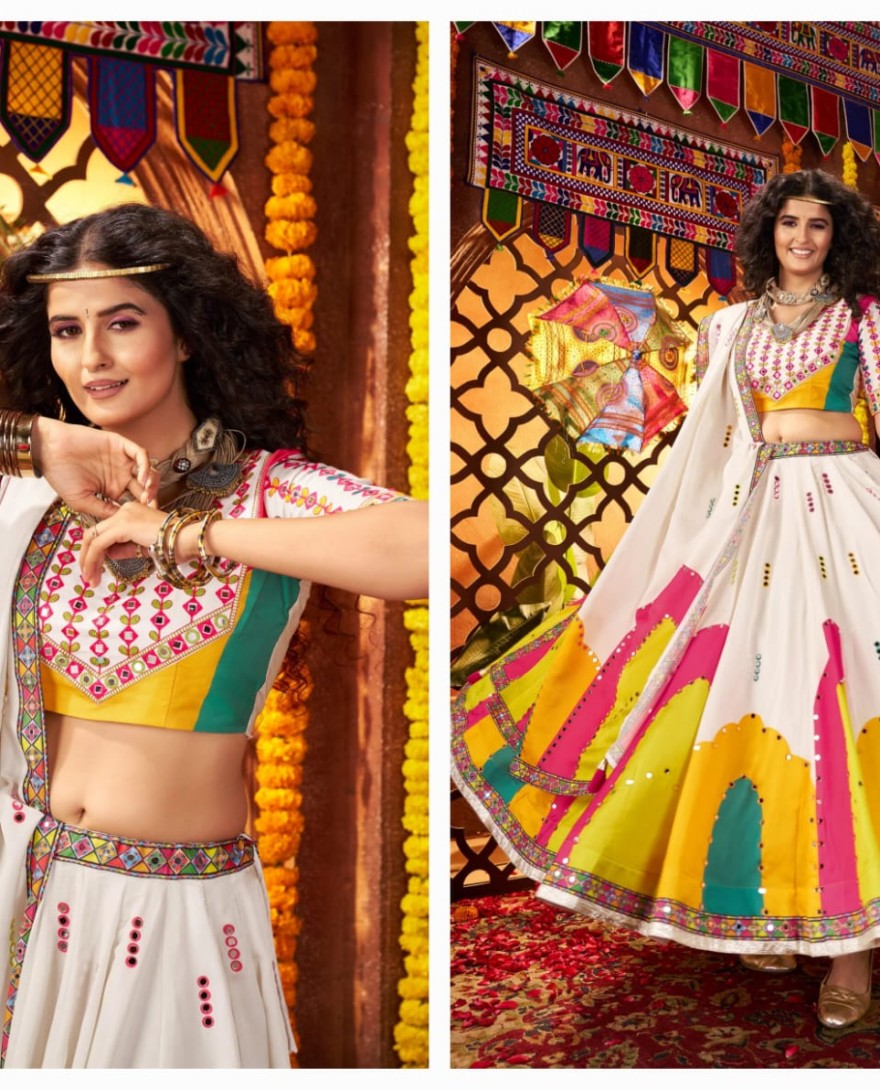 11065 - White Gajji Silk Navratri Chaniya Choli with Mirror Embroidery