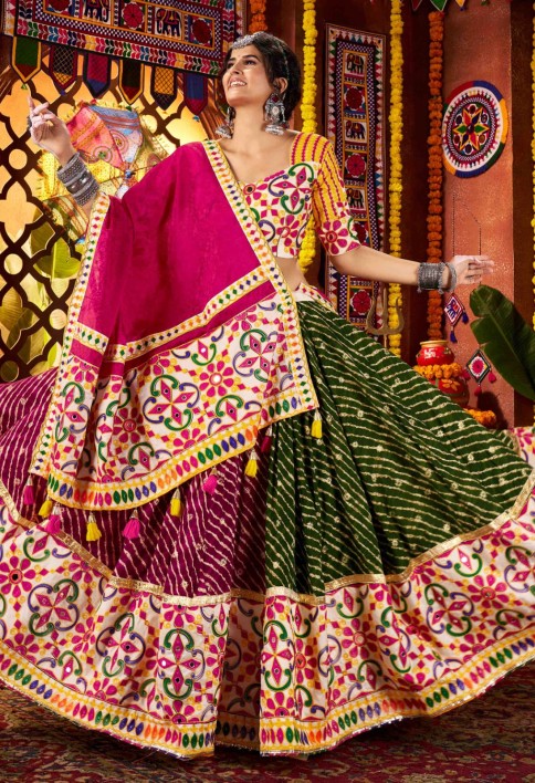 Stunning Multi-Color Cotton Leheriya Print Lehenga Choli With Dupatta