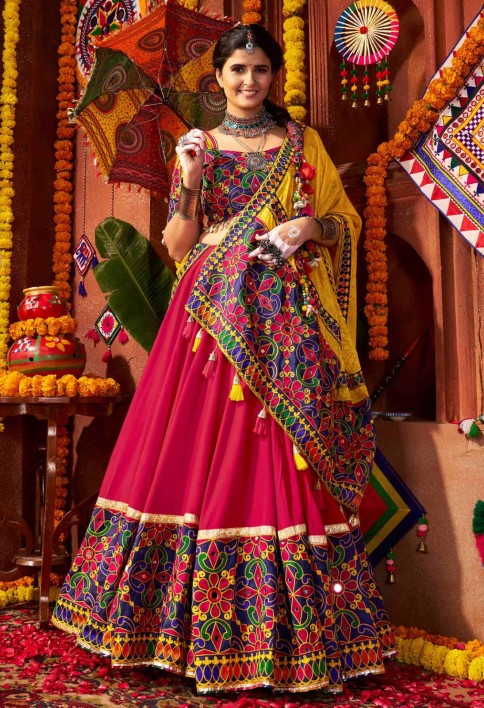 Glorious Red Cotton Embroidered Navratri Wear Lehenga Choli