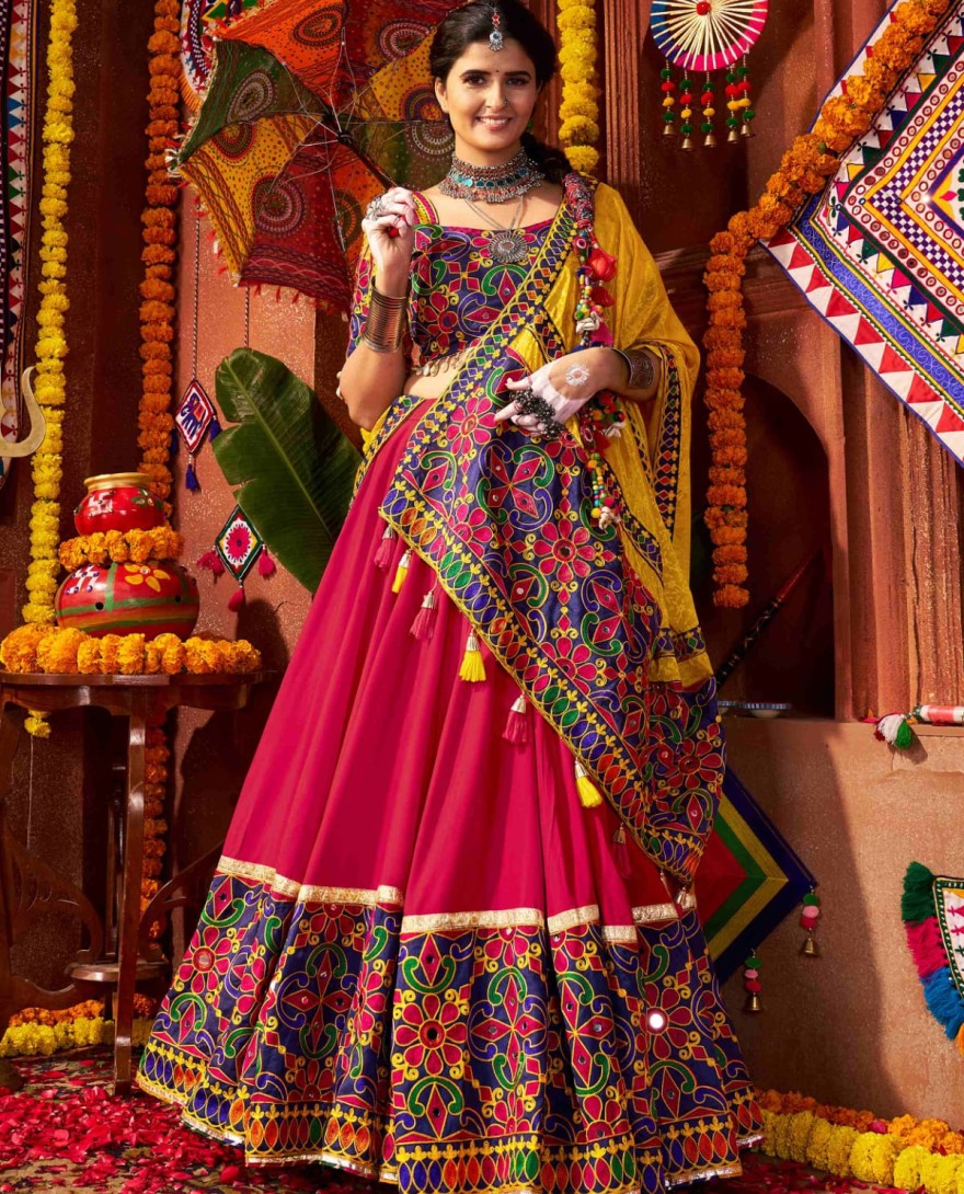 11072 - Glorious Red Cotton Embroidered Navratri Wear Lehenga Choli